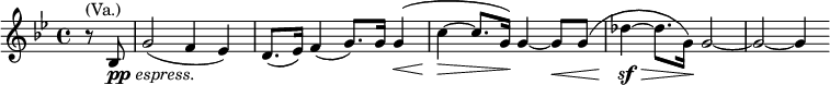  \relative g { \key g \minor \time 4/4 \partial 4 r8^\markup { (Va.)} bes8_\markup { \dynamic pp \italic { espress. } } g'2( f4 es) | d8.( es16) f4( g8.) g16 g4\<( | c4\!\>~ c8. g16\!) g4~ g8\< g( | des'4\!\sf\>~ des8. g,16\!) g2~ | g2~ g4 }