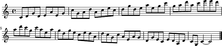 
{

\modalTranspose c c' { c d e g a } { c8 d g } 
\modalTranspose c d' { c d e g a } { c d g } 
\modalTranspose c e' { c d e g a } { c d g } 
\modalTranspose c g' { c d e g a } { c d g } 
\modalTranspose c a' { c d e g a } { c d g } 
\modalTranspose c c'' { c d e g a } { c d g } 
\modalTranspose c d'' { c d e g a } { c d g } 
\modalTranspose c e'' { c d e g a } { c d g } 
\modalTranspose c g'' { c d e g a } { c d g } 
\modalTranspose c a'' { c d e g a } { c d g } 

\modalInversion c e''' { c d e g a } { c d g } 
\modalInversion c d''' { c d e g a } { c d g } 
\modalInversion c c''' { c d e g a } { c d g } 
\modalInversion c a'' { c d e g a } { c d g } 
\modalInversion c g'' { c d e g a } { c d g } 
\modalInversion c e'' { c d e g a } { c d g } 
\modalInversion c d'' { c d e g a } { c d g } 
\modalInversion c c'' { c d e g a } { c d g } 
\modalInversion c a' { c d e g a } { c d g } 
\modalInversion c g' { c d e g a } { c d g } 
\modalInversion c e' { c d e g a } { c d g } 
\modalInversion c d' { c d e g a } { c d g } 

c'4~ c'2

\bar "|."
}
