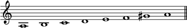 
\relative c' {
  \override Staff.TimeSignature #'stencil = ##f
  \key a \minor
  \cadenzaOn
  a1 b c d e f gis a
  \bar "||"
}
