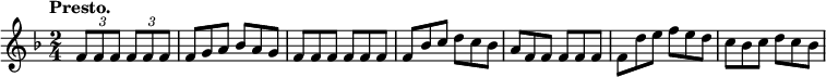 
\relative c' { \set Score.tempoHideNote = ##t \tempo "Presto." 4=180 \key f \major \time 2/4
 \times 2/3 { f8 f f } \times 2/3 { f f f } f8*2/3 g a bes a g
 f f f f f f f bes c d c bes a f f f f f f d' e f e d c bes c d c bes
}
