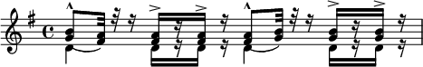 { \key g \major \time 4/4 \relative b' << { <b g>8^^_( <a fis>32) r r16 q16[^> r q^>] r q8^^_( <g b>32) r r16 q[^> r q]^> r } \\ { d4 d16[ r d] r d4 d16[ r d] r } >> }