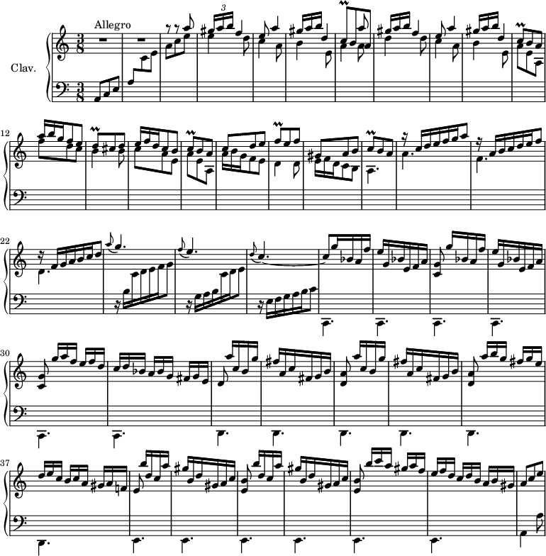 
\version "2.18.2"
\header {
  tagline = ##f
  % composer = "Domenico Scarlatti"
  % opus = "K. 188"
  % meter = "Allegro"
}

%% les petites notes
trillCqDown     = { \tag #'print { c,8^\prall } \tag #'midi { d32 c d c } }
trillCq         = { \tag #'print { c8^\prall } \tag #'midi { d32 c d c } }
trillDq         = { \tag #'print { d8\prall } \tag #'midi { e32 d e d } }
trillFq         = { \tag #'print { f8\prall } \tag #'midi { g32 f g f } }

upper = \relative c'' {
  \clef treble 
  \key a \minor
  \time 3/8
  \tempo 4. = 60
  \set Staff.midiInstrument = #"harpsichord"
  \override TupletBracket.bracket-visibility = ##f

      s8*0^\markup{Allegro}
      R4.*2 | a'8\rest a8\rest \stemUp a8 | \times 2/3 { gis16 a b } f4 | e8 a4 | \omit TupletNumber \times 2/3 { gis16 a b } d,4 | << { s4 a'8 } \\ { \stemUp \trillCqDown b8 a } >> 
      % ms. 8
      \times 2/3 { gis'16 a b } f4 | e8 a4 | \times 2/3 { gis16 a b } d,4 | \trillCq b8  \tempo 4. = 30 a8  \tempo 4. = 60 | \times 2/3 { a'16 b g } f8 e | \trillDq cis8 d | \times 2/3 { e16 f d } c8 b |
      % ms. 15
      \trillCq b8 a | c d e | \trillFq e8 f | gis, a b | \trillCq b8 \tempo 4. = 30 a8 \tempo 4. = 60 | \times 2/3 { r16 c16 d e f g } a8 | \times 2/3 { r16 a,16 b c d e } f8 |
      % ms. 22
      \times 2/3 { r16 f,16 g a b c } d8 | \appoggiatura a'8 g4. | \appoggiatura f8 e4. | \appoggiatura d8 c4.~ | c8 \repeat unfold 2 { g'16 bes, a f' | e g, bes e, f a |
      % ms. 28…
      \autoBeamOff < c, g' >8 \autoBeamOn } | \times 2/3 { g''16 a f } \times 2/3 { e16[ f d] } \times 2/3 { c16 d bes } \times 2/3 { a16[ bes g] } \times 2/3 { fis16 g e } | \autoBeamOff d8 \autoBeamOn a''16 c, b g' | fis a, c fis, g b |
      % ms. 34
     \autoBeamOff < d, a' >8 \autoBeamOn a''16 c, b g' | fis a, c fis, g b | \autoBeamOff < d, a' >8 \autoBeamOn \times 2/3 { a''16 b g } \times 2/3 { fis16[ g e] } | \times 2/3 { d16 e c }  \times 2/3 { b16[ c a] } \times 2/3 { gis16 a f! } | \autoBeamOff e8  \autoBeamOn \repeat unfold 2 { b''16 d, c a' | gis b, d gis, a c |
      % ms. 40
      \autoBeamOff < e, b' >8 \autoBeamOn } \times 2/3 { b''16[ c a]  gis a f } | \times 2/3 { e[ f d]  c d b  a[ b gis] } | a8 c e |

}

lower = \relative c' {
  \clef bass
  \key a \minor
  \time 3/8
  \set Staff.midiInstrument = #"harpsichord"
  \override TupletBracket.bracket-visibility = ##f

    % ************************************** \appoggiatura a16  \repeat unfold 2 {  } \times 2/3 { }   \omit TupletNumber 
      a,8 c e |  \stemUp a \stemDown \change Staff = "upper" c e | a c e | e4 d8 | c4 a8 | b4 e,8 | a4 a8 |
      % ms. 8
      d4 d8 | c4 a8 | b4 e,8 | a e a, | f'' d c | b4 b8 | c a e  |
      % ms. 15
      a8 e a, | \omit TupletNumber \times 2/3 { a'16 b g } f8 e | d4 d8 | \times 2/3 { e16 f d } c8 b | a4. | a' | f  |
      % ms. 22
      d4. | \stemNeutral \change Staff = "lower" \times 2/3 { r16 b16 \stemDown \change Staff = "upper" c d e f } g8 | \stemNeutral \change Staff = "lower" \times 2/3 { r16 g,16 a b \stemDown \change Staff = "upper" c d } e8 | \stemNeutral \change Staff = "lower" \times 2/3 { r16 e,16 f g a b } c8 | \repeat unfold 6 { c,,4. }
      % ms. 32
      \repeat unfold 6 { d4. }
      % ms. 38
      \repeat unfold 6 { e4. }
      % ms. 44
      a4 a'8 | 

}

thePianoStaff = \new PianoStaff <<
    \set PianoStaff.instrumentName = #"Clav."
    \new Staff = "upper" \upper
    \new Staff = "lower" \lower
  >>

\score {
  \keepWithTag #'print \thePianoStaff
  \layout {
      #(layout-set-staff-size 17)
    \context {
      \Score
     \override SpacingSpanner.common-shortest-duration = #(ly:make-moment 1/2)
      \remove "Metronome_mark_engraver"
    }
  }
}

\score {
  \keepWithTag #'midi \thePianoStaff
  \midi { }
}
