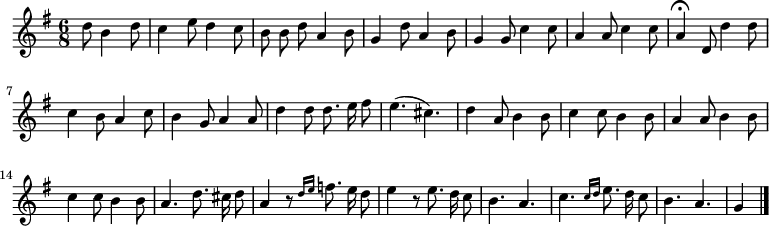 
\relative c'' {
  \key g \major
  \time 6/8
  \partial 2
  \autoBeamOff
  d8 b4 d8
  c4e8 d4 c8
  b b d a4 b8
  g4 d'8 a4 b8
  g4 g8 c4 c8
  a4 a8 c4 c8

  a4\fermata d,8 d'4 d8
  c4 b8 a4 c8
  b4 g8 a4 a8
  d4 d8 d8. e16 fis8
  e4.( cis)
  d4 a8 b4 b8
  c4 c8 b4 b8
  a4 a8 b4 b8

  %tourne

  c4 c8 b4 b8
  a4. d8. cis16 d8
  a4 r8 \grace { d16[ e] } f8. e16 d8
  e4 r8 e8. d16 c8
  b4. a
  c \grace { c16[ d] } e8. d16 c8
  b4. a
  g4
  \bar "|."
}
