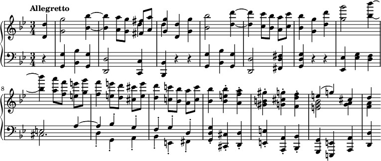 
 { \new PianoStaff <<
 \new Staff <<
 \set Staff.midiInstrument = "string ensemble 1"
 \clef treble
 \key g \minor 
 \time 3/4 
 \tempo "Allegretto" \tempo 4 = 160
 \new voice \relative c' {
 \partial 4 <d d'>4
 <g g'>2 <bes~ bes'~>4
 <bes bes'>4 <a a'>8[ <g g'>] \stemUp <fis fis'>[ <a a'>]
 <g g'>4 \stemNeutral <d d'> <g g'>
 <bes bes'>2 <d~ d'~>4
 <d d'> <c c'>8[ <bes bes'>] <a a'>[ <c c'>]
 <bes bes'>4 <g g'> <d' d'>
 <g g'>2 <bes~ bes'~>4 \break

 <bes bes'> <a a'>8[ <f f'>] <e e'>[ <g g'>]
 <f f'>4 <e e'>8[ <d d'>] <cis cis'>[ <e e'>]
 <d d'>4 <c! c'!>8[ <bes bes'>] <a a'>[ <c c'>]
 <bes bes'>4 <bes e bes'>-. <a f' a>-.
 <gis b! gis'>-. <g cis g'>-. <f d' f>-.
 \stemUp e'^( g!) cis,
 d
 }
 \new Voice \relative c'' {
 s4
 s2.
 s2 \stemDown d4
 d s2
 s2.
 s2.
 s2.
 s2.
 s2.
 s2.
 s2.
 s2.
 s2.
 <e, g bes>2 <g a>4
 <f a>
 }
 >>
 \new voice \new Staff <<
 \set Staff.midiInstrument = "string ensemble 1"
 \clef bass
 \key g \minor 
 \relative c {
 \time 3/4
 \partial 4 r4
 <g g'> <bes bes'> <g g'>
 <d d'>2 <c c'>4
 <bes bes'> r r
 <g' g'> <bes bes'> <g g'>
 <d d'>2 <fis d' fis>4
 <g d' g> r r
 <es es'> <es' g> <d f>
 \stemUp e2 a4^~
 a bes^\staccato g^\staccato
 f^\staccato g^\staccato d^\staccato
 \stemNeutral <g, d' g>-. <cis, cis'>-. <d d'>-.
 <e e'>-. <a, a'>-. <bes bes'>-.
 <g g'> <e e'> <a a'>
 <d d'>
 }
 \new Voice \relative c {
 s4
 s2.
 s2.
 s2.
 s2.
 s2.
 s2.
 s2.
 \stemDown cis2.
 d4_. g,_. a_.
 bes_. e,_. fis_.
 }
 >>
 >> }
