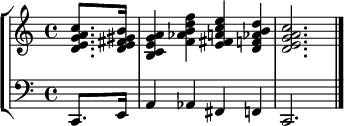 { \new StaffGroup \with {midiInstrument = #"string ensemble 1"} <<
\new Staff { \set Score.tempoHideNote = ##t \tempo 4 = 80 \language "english" \partial 4 <d' e' g' a' c''>8. <d' e' fs' gs' b'>16
<b c' e' g' a'>4 <f' af' b' d'' f''>4 <e' fs' a' c'' e''>4 <d' f' af' b' d''>4
<d' e' g' a' c''>2. \hideNotes r4 \bar "|." }
\new Staff { \clef bass \partial 4 c,8. e,16
a,4 af,4 fs,4 f,4
c,2. \hideNotes r4 }
>> }