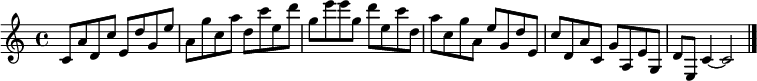 
{

\modalTranspose c c' { c d e g a } { c8 a } 
\modalTranspose c d' { c d e g a } { c a } 
\modalTranspose c e' { c d e g a } { c a } 
\modalTranspose c g' { c d e g a } { c a } 
\modalTranspose c a' { c d e g a } { c a } 
\modalTranspose c c'' { c d e g a } { c a } 
\modalTranspose c d'' { c d e g a } { c a } 
\modalTranspose c e'' { c d e g a } { c a } 
\modalTranspose c g'' { c d e g a } { c a } 

\modalInversion c e''' { c d e g a } { c a } 
\modalInversion c d''' { c d e g a } { c a } 
\modalInversion c c''' { c d e g a } { c a } 
\modalInversion c a'' { c d e g a } { c a } 
\modalInversion c g'' { c d e g a } { c a } 
\modalInversion c e'' { c d e g a } { c a } 
\modalInversion c d'' { c d e g a } { c a } 
\modalInversion c c'' { c d e g a } { c a } 
\modalInversion c a' { c d e g a } { c a } 
\modalInversion c g' { c d e g a } { c a } 
\modalInversion c e' { c d e g a } { c a } 
\modalInversion c d' { c d e g a } { c a } 

c'4~ c'2

\bar "|."
}
