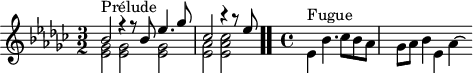 
\version "2.18.2"
\header {
  tagline = ##f
}

\score {

<<
  \relative c' {
    \key ees \minor
    \time 3/2
	\set Staff.midiInstrument = #"harpsichord" 

     %% INCIPIT CBT I-8, BWV 853, ré-dièse mineur
     << { s4*0^\markup{Prélude} bes'2 r4 r8 bes8 ees4. ges8 ces,2 r4 r8 ees8 } \\ { < ges, ees >2 q q | \once \override Staff.TimeSignature #'stencil = ##f \time 4/4 < aes ees > < ces aes ees > } >> \bar ".."

     \skip 16*1
     \override Staff.Clef.extra-offset = #'( -1 . 0 )
     \time 4/4 
      s4*0^\markup{Fugue} \stemDown ees,4 bes'4. ces8 bes aes | \once \override Staff.TimeSignature #'stencil = ##f \time 5/4 ges aes bes4 ees, aes~ \hideNotes aes16
  }
>>
  \layout {
     #(layout-set-staff-size 17)
     \context { \Score \remove "Metronome_mark_engraver" 
     \override SpacingSpanner.common-shortest-duration = #(ly:make-moment 1/2) 
}
  }
  \midi {}
}
