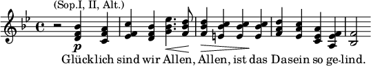  \relative g' { \key bes \major r2^\markup { (Sop.I, II, Alt.)} <bes f d>4_\markup { \dynamic p } <a f c> | <c f, es> <bes f d> <es bes g>4.\< <d bes f>8\! | <d bes f>4\> <c bes e,> <c bes e,>\! <c bes e,> | <d a f> <c a es> <a es c> <f es a,> | <f bes,>2 }\addlyrics { Glück -- lich | sind wir Al -- len, | Al -- len, ist das | Da -- sein so ge -- | lind. }