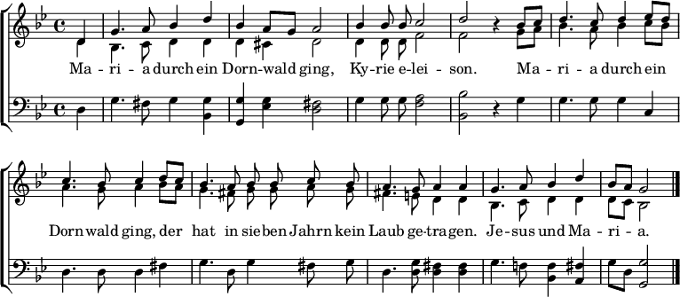 \header { tagline = ##f }\layout { indent = 0  \context { \Score \remove "Bar_number_engraver" }  \context { \Voice \remove "Dynamic_engraver" }}global = {  \key g \minor  \time 4/4  \partial 4}voiceA = \relative c' { \global \autoBeamOff \set midiInstrument = #"flute"  d4 | g4. a8 bes4 d | bes a8 [g] a2 |  bes4 bes8 bes c2 | d2 r4  bes8 [c] | d4. c8 d4 es8 [d] |c4. bes8 c4  d8 [c] | bes4. a8 bes bes c bes | a4. g8 a4 a |  g4. a8 bes4 d | bes8 [a] g2 \bar "|."}VoiceB = \relative c' { \global \autoBeamOff \set midiInstrument = #"acoustic guitar (steel)"  d4\pp | bes4. c8 d4 d | d cis d2 |  d4 d8 d f2 | f r4  g8 [a] | bes4. a8 bes4 c8 [bes] |a4. g8 a4  bes8 [a] | g4. fis8 g g a g | fis4. e8 d4 d |  bes4. c8 d4 d | d8 [c] bes2 \bar "|."}bass = \relative c { \global \autoBeamOff \set midiInstrument = #"acoustic guitar (steel)"  d4\pp | g4. fis8 g4 <g bes,> | <g g,> <g es> <fis d>2 |  g4 g8 g <a f>2 | <bes bes,> r4  g4 | g4. g8 g4 c, | d4. d8 d4  fis | g4. d8 g4 fis8 g | d4. <g d>8 <fis d>4 <fis d> |  g4. f!8 <f bes,>4 <fis a,> | g8 [d] <g g,>2  \bar  "|."}verse = \lyricmode {  Ma -- ri -- a durch ein Dorn -- wald ging,  Ky -- rie e -- lei -- son.  Ma -- ri -- a durch ein Dorn -- wald ging,  der hat in sie -- ben Jahrn kein Laub ge -- tra -- gen.  Je -- sus und Ma -- ri -- a.}\score {  \new ChoirStaff <<    \new Staff \with { \consists "Merge_rests_engraver" }    <<      \clef treble      \new Voice = "voiceA" { \voiceOne \voiceA }      \addlyrics { \verse }      \new Voice = "voiceB" { \voiceTwo \VoiceB }    >>    \new Staff \with { \consists "Merge_rests_engraver" }    <<      \clef bass      \new Voice = "bass" { \bass }    >>  >>  \layout { }}\score { << \voiceA \\ \VoiceB \\ \bass >>   \midi { \tempo 4=108  \context { \Score midiChannelMapping = #'instrument }  \context { \Staff \remove "Staff_performer" }  \context { \Voice \consists "Staff_performer" }  }}