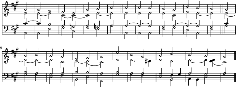 { \override Score.TimeSignature #'stencil = ##f \time 2/2 \key a \major \partial 2 << \relative a' << { a2 | a gis | fis e | a b | cis \bar "||" cis | cis cis | b a | d cis | b \bar "||" a | b cis | b a | fis gis | a \bar "||" e' | cis a | b d | cis b | a \bar "||" } \\ { e2 | e ~ e | cis ~ cis ~ | cis e ~ | e e | e e | e cis | fis e ~ | e e ~ | e ~ e ~ | e cis | d ~ d( | cis) e | e2. dis4 | e2 d | e ~ e4 <e d>( | cis2) } >>
\new Staff { \clef bass \time 2/2 \key a \major \partial 2 \relative c' << { cis2 ~ | cis b | a g | a g | a \bar "||" a ~ | a ~ a | gis a ~ | a ~ a | gis \bar "||" cis | b a | gis a | b b | a \bar "||" b | a a |gis fis4 gis | a2 gis | a \bar "||" } \\ { a, | a e' | fis cis | fis e | a a, | a a | e' fis | d a | e' a | gis a| e fis | b, e | a, gis' | a fis | e b | cis4 b e2 | a } >> } >> }
