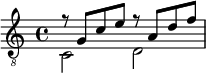 
  {
    <<
      \clef "treble_8"
      { r8 g c' e' r a d' f'}
      \\
       { c2  d }
    >>
  }
