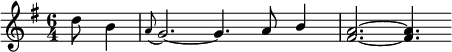 
\language "italiano"
\score {
  \relative do'' {
    \time 6/4
    \key sol \major
    \autoBeamOff
    \partial 8*3 re8 si4 | \appoggiatura la8 sol2.~ sol4. la8 \stemUp si4 | <la fad>2.~ <la fad>4.
}
  \layout {
    \context { \Staff \RemoveEmptyStaves }
    \context { \Score \override SpacingSpanner.base-shortest-duration = #(ly:make-moment 1/32) }
    indent = 0\cm
    line-width = #120
    \override Score.BarNumber #'stencil = ##f
  }
  \midi { }
}
\header { tagline = ##f}
