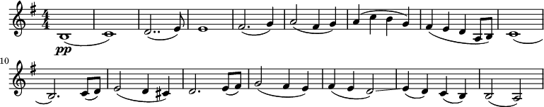  \relative c' { \clef treble \key g \major \numericTimeSignature \time 4/4 b1\pp( | c) | d2..( e8) | e1 | fis2.( g4) | a2( fis4 g) | a( c b g) | fis( e d a8 b) | c1( | b2.) c8( d) | e2( d4 cis) | d2. e8( fis) | g2( fis4 e) | fis( e d2)\glissando | e4( d) c( b) | b2( a) } 