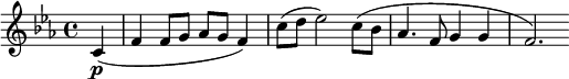 
\new Skor { \new Staff { \relative c' { \time 4/4 \key f \dorian \clef tiz \set Score.tempoHideNote = ##t \tempo 4 = 60 \partial 4 c4\p( | f4 f8 g aes g f4) |  c'8( d es2) c8( bes | aes4. f8 g4 g | f2.) } } }
