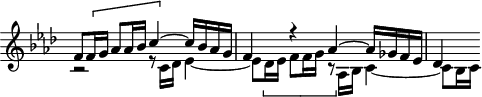 
\version "2.18.2"
\header {
  tagline = ##f
}

\score {
  \new Staff \with {
    \remove "Time_signature_engraver"
  }
<<
  \relative c' {
    \key f \minor
    \time 4/4

     %% Divertissements — fugue CBT I-12, BWV 857, fa mineur
     << { f8 \[ f16 g aes8 aes16 bes c4~ \] c16 bes aes g | f4 r4 aes4~ aes16 ges f ees |des4 } \\ { r2 r8 c16 des ees4~ ees8 \[ des16 ees f8 f16 g r8 \] aes,16 bes c4~ c8 bes16 c } >>

  }
>>
  \layout {
     \context { \Score \remove "Metronome_mark_engraver" 
     \override SpacingSpanner.common-shortest-duration = #(ly:make-moment 1/2) 
}
  }
  \midi {} 
}
