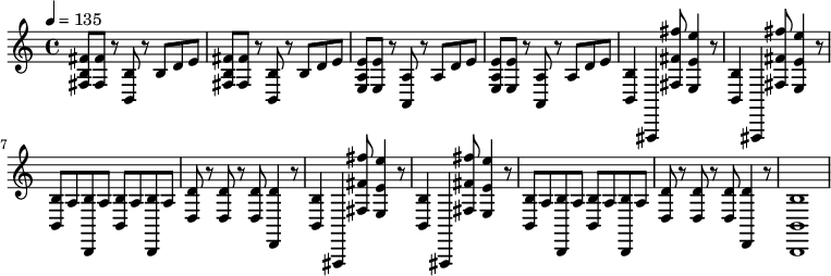 \n\\relative c' {\n\\tempo 4= 135\n<fis fis, b>8 <fis fis,>8 r8 <b, b,>8 r8 b8 d8 e8 \n<fis fis, b>8 <fis fis,>8 r8  <b, b,>8 r8 b8 d8 e8 \n<e e, a>8 <e e,>8 r8 <a, a,>8 r8 a8 d8 e8 \n<e e, a>8 <e e,>8 r8 <a, a,>8 r8 a8 d8 e8 \n\n<b b,>4 fis,,4 <fis'' fis' fis'>8 <e e' e'>4 r8\n<b' b,>4 fis,,4 <fis'' fis' fis'>8 <e e' e'>4 r8\n<b' b,>8 a8 <b b,,>8 a8 <b b,>8 a8 <b b,,>8 a8\n<d d,>8 r8 <d d,>8 r8 <d d,>8 <d d,,>4 r8\n\n<b b,>4 fis,,4 <fis'' fis' fis'>8 <e e' e'>4 r8\n<b' b,>4 fis,,4 <fis'' fis' fis'>8 <e e' e'>4 r8\n<b' b,>8 a8 <b b,,>8 a8 <b b,>8 a8 <b b,,>8 a8\n<d d,>8 r8 <d d,>8 r8 <d d,>8 <d d,,>4 r8\n\n<b b, b,>1\n}\n