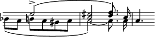 
\language "italiano"
\score {
  \relative do'' {
    \time 3/4
    << { \autoBeamOff s4 mi2->\( | <mid do> <fa re>8.\) do16 } \\ { \autoBeamOff sib8[\( la] si[ la sold la] | la2\)~ la8. la16 } >> | la4.
}
  \layout {
    \context { \Staff \RemoveEmptyStaves 
               \remove Clef_engraver
               \remove Time_signature_engraver
             }
    indent = 0\cm
    line-width = #120
    \override Score.BarNumber #'stencil = ##f
  }
  \midi { }
}
\header { tagline = ##f}
