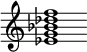 {
  % Rivin lopun pystyviiva ja tahtiosoitus piiloon.
  \override Score.BarLine.break-visibility = ##(#f #t #t)
  \override Staff.TimeSignature #'stencil = ##f
  
  <ees' g' bes' des'' f''>1
}
