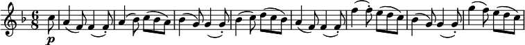 
\new Score {
  \new Staff {
    \relative c'' {
      \time 6/8
      \key f \major
      \clef treble
      \set Score.tempoHideNote = ##t
      \tempo 4. = 120

      \partial 8 c8\p | a4( f8) f4( f8-.) | a4( bes8) c( bes a) | bes4( g8) g4( g8-.) | bes4( c8) d( c bes) |
      a4( f8) f4( f8-.) | f'4( f8-.) e( d c) | bes4( g8) g4( g8-.) | g'4( f8) e( d c) |
    }
  }
}
