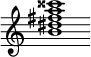 {
  % Rivin lopun pystyviiva ja tahtiosoitus piiloon.
  \override Score.BarLine.break-visibility = ##(#f #t #t)
  \override Staff.TimeSignature #'stencil = ##f
  
  <b' dis'' fis'' a'' cisis'''>1
}
