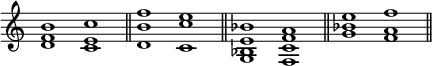 { \override Score.TimeSignature #'stencil = ##f \time 2/1 \relative b' { <b f d>1 <c e, c> \bar "||" <f b, d,> <e c c,> \bar "||" <bes e, bes g> <a f c f,> \bar "||" <g bes e> <f a f'> \bar "||" } }