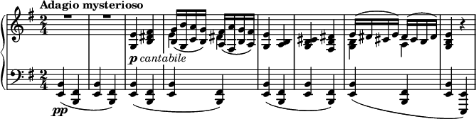 
\relative c' {
 \new PianoStaff <<
  \new Staff { \key e \minor \time 2/4 \tempo "Adagio mysterioso"
   <<
    {
     \override TextScript #'whiteout = ##t
     \override MultiMeasureRest.staff-position = #2 R2 R
     <e g,>4_\markup { \dynamic p \italic cantabile } <fis dis b>
     <g b,>16_\( <b g,> <a c,> <g b,>\) <fis a,>_\( <a fis,> <g b,> <fis a,>\)
     <e g,>4 <b a> <cis b g> <dis b fis> e16( dis cis e) dis( cis b dis) <e b g>4 b'4\rest
    }
   \\
    { s2 s s e,4 dis s2 s <b g>4 a }
   >>
  }
  \new Staff { \key e \minor \time 2/4 \clef bass
   <b, e,>4\pp ( <fis b,> <b e,> <fis b,>) <b e,>( <fis b,> <b e,> <fis b,>)
   <b e,>( <fis b,> <b e,> <fis b,>) <b e,>( <fis b,> <b e,> <e, e,>)
  }
 >>
}
