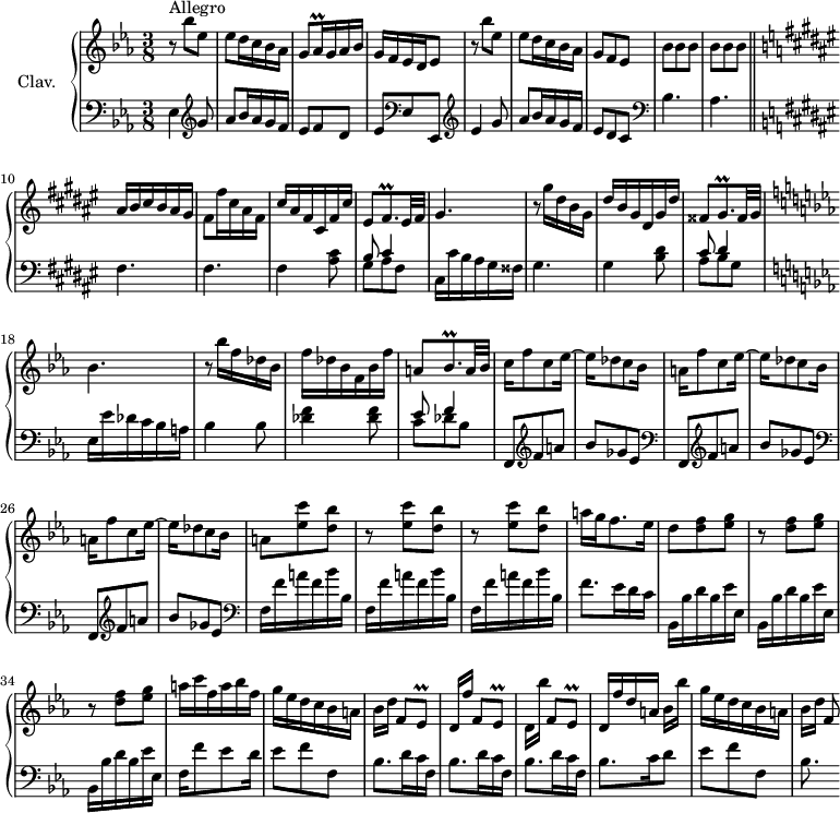 
\version "2.18.2"
\header {
 tagline = ##f
 % composer = "Domenico Scarlatti"
 % opus = "K. 371"
 % meter = "Allegro"
}

%% les petites notes
trillAesq = { \tag #'print { aes16\prall } \tag #'midi { \times 2/3 { aes32 bes aes } } }
trillEesq = { \tag #'print { ees8\prall } \tag #'midi { f32 ees f ees } }
trillBesqp = { \tag #'print { bes8.\prall } \tag #'midi { c32 bes c bes~ bes16 } }

trillFisqp = { \tag #'print { fis8.\prall } \tag #'midi { gis32 fis gis fis~ fis16 } }
trillGisqp = { \tag #'print { gis8.\prall } \tag #'midi { ais32 gis ais gis~ gis16 } }

upper = \relative c'' {
 \clef treble 
 \key ees \major
 \time 3/8
 \tempo 4. = 60
 \set Staff.midiInstrument = #"harpsichord"
 \override TupletBracket.bracket-visibility = ##f

 s8*0^\markup{Allegro}
 r8 bes'8 ees, | ees d16 c bes aes | g8 \trillAesq g16 aes bes | g f ees d ees8 | r8 bes''8 ees, | ees d16 c bes aes |
 % ms. 7
 g8 f ees | \repeat unfold 2 { bes'8 bes bes } \bar "||" \key fis \major ais16 b cis b ais gis | fis8 fis'16 cis ais fis | cis' ais fis cis fis cis' | eis,8 \trillFisqp eis32 fis |
 % ms. 14
 gis4. | r8 gis'16 dis b gis | dis' b gis dis gis dis' | fisis,8 \trillGisqp fisis32 gis | | \key ees \major 

 % ms. 18
 bes4. | r8 bes'16 f des bes |
 % ms. 20
 f'16 des bes f bes f' | a,8 \trillBesqp a32 bes | c16 f8 c ees16~ | ees16 des8 c bes16 | \repeat unfold 2 { a f'8 c ees16~ | ees des8 c bes16 } | 
 % ms. 28
 a8 < ees' c' > < d bes' > | \repeat unfold 2 { r8 < ees c' > < d bes' > } | a'16 g f8. ees16 | d8 < d f > < ees g > |
 % ms. 33
 \repeat unfold 2 { r8 < d f > < ees g > } | a16 c f, a bes f | g ees d c bes a | bes16[ d] f,8 \trillEesq | d16[ f'] f,8 \trillEesq | d16[ bes''] f,8 \trillEesq | 
 % ms. 40
 d16 f' d a bes[ bes'] | g ees d c bes a | bes[ d] f,8

}

lower = \relative c' {
 \clef bass
 \key ees \major
 \time 3/8
 \set Staff.midiInstrument = #"harpsichord"
 \override TupletBracket.bracket-visibility = ##f

 % ************************************** \appoggiatura a16 \repeat unfold 2 { } \times 2/3 { } \omit TupletNumber 
 ees,4 \clef treble g'8 | aes bes16 aes g f | ees8 f d | ees \clef bass ees, ees, | \clef treble ees''4 g8 | aes bes16 aes g f |
 % ms. 7
 ees8 d c | \clef bass bes4. aes | \key fis \major

 % ms. 10
 fis4. fis | fis4 < ais cis >8 | << { b8 cis4 } \\ { gis8 ais fis } >> |
 % ms. 14
 cis16 cis' b ais gis fisis | gis4. | gis4 < b dis >8 | << { cis8 dis4 } \\ { ais8 b gis } >> | \key ees \major

 % ms. 18
 ees16 ees' des c bes a | bes4 bes8 |
 % ms. 20
 < des f >4 q8 | << { ees8 f4 } \\ { c8 des bes } >> | \repeat unfold 3 { f,8 \clef treble f'' a | bes ges ees | \clef bass }
 % ms. 28
 \repeat unfold 3 { f,16 f' a f bes bes, } | f'8. ees16 d c | \clef bass \repeat unfold 3 { bes,16 bes' d bes ees ees, }
 % ms. 35
 f16 f'8 ees d16 | ees8 f f, | \repeat unfold 3 { bes8. d16 c f, } 
 % ms. 40
 bes8. c16 d8 | ees8 f f, | bes8.

}

thePianoStaff = \new PianoStaff <<
 \set PianoStaff.instrumentName = #"Clav."
 \new Staff = "upper" \upper
 \new Staff = "lower" \lower
 >>

\score {
 \keepWithTag #'print \thePianoStaff
 \layout {
 #(layout-set-staff-size 17)
 \context {
 \Score
 \override SpacingSpanner.common-shortest-duration = #(ly:make-moment 1/2)
 \remove "Metronome_mark_engraver"
 }
 }
}

\score {
 \keepWithTag #'midi \thePianoStaff
 \midi { }
}
