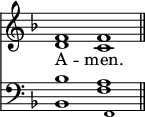 
<<
\new Staff { \clef treble \time 4/2 \key f \major \set Staff.midiInstrument = "church organ" \omit Staff.TimeSignature
  \relative c' { << { f1 f \bar"||" } \\ { d c} >> } }
\new Lyrics \lyricmode { A -- men. }
\new Staff { \clef bass \key f \major \set Staff.midiInstrument = "church organ" \omit Staff.TimeSignature
  \relative c' { << { bes1 a } \\ { bes,1 f' } \\ \tiny { s1 f, } >> } }
>>
\layout { indent = #0 }
\midi { \tempo 2  = 80 }
