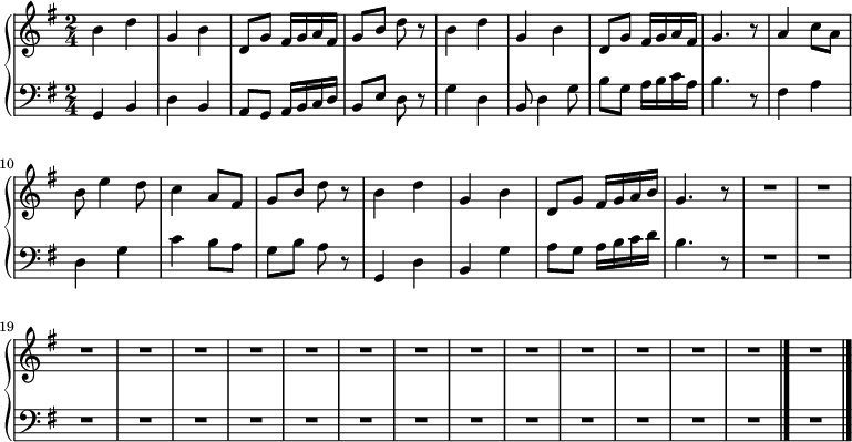 
\new PianoStaff <<
\new Staff = "upper" \relative c'{
    \clef treble
    \key g \major 
    \time 2/4 
 b'4 d      | % 1
    g, b      | % 2
    d,8 g fis16 g a fis      | % 3
    g8 b d r      | % 4
    b4 d      | % 5
    g, b      | % 6
    d,8 g fis16 g a fis      | % 7
    g4. r8      | % 8
    a4 c8 a      | % 9
    b e4 d8      | % 10
    c4 a8 fis      | % 11
    g b d r      | % 12
    b4 d      | % 13
    g, b      | % 14
    d,8 g fis16 g a b      | % 15
    g4. r8      | % 16
    R2 *15  | % 
    \bar "|."     | % 31
    R2 \bar "|."
}

\new Staff = "lower" \relative c{
    \clef bass
    \key g \major 
    \time 2/4 
g4 b      | % 1
    d b      | % 2
    a8 g a16 b c d      | % 3
    b8 e d r      | % 4
    g4 d      | % 5
    b8 d4 g8      | % 6
    b g a16 b c a      | % 7
    b4. r8      | % 8
    fis4 a      | % 9
    d, g      | % 10
    c b8 a      | % 11
    g b a r      | % 12
    g,4 d'      | % 13
    b g'      | % 14
    a8 g a16 b c d      | % 15
    b4. r8      | % 16
    R2 *15  | % 
    \bar "|."     | % 31
    R2 \bar "|." 
}
>>
