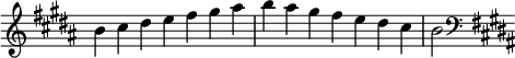  {
\override Score.TimeSignature #'stencil = ##f
\relative c'' {
 \clef treble \key b \major \time 7/4 b4 cis dis e fis gis ais b ais gis fis e dis cis b2
 \clef bass \key b \major
} }
