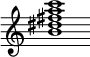 {
  % Rivin lopun pystyviiva ja tahtiosoitus piiloon.
  \override Score.BarLine.break-visibility = ##(#f #t #t)
  \override Staff.TimeSignature #'stencil = ##f
  
  <b' dis'' fis'' a'' c'''>1
}
