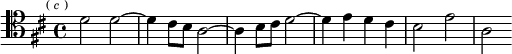  \relative d' { \clef tenor \key d \major \time 4/4 \mark \markup \tiny { ( \italic c ) }
  d2 d ~ | d4 cis8 b a2 ~ | a4 b8 cis d2 ~ | d4 e d cis | b2 e | a, }