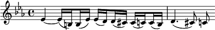 
\language "italiano"

\layout {
  indent = 0 \mm
  short-indent = 0 \mm
  line-width = 12.5 \cm
}

\relative do' {
  \key do \minor
  \clef treble
  \time 4/4
  \override Score.BarNumber.break-visibility = ##(#f #f #f)
  \set subdivideBeams = ##t
  \set baseMoment = #(ly:make-moment 1/8)
  \set beatStructure = 2,2,2,2
  mib4~ mib16( si) si( mib) mib( re) re( dod) dod( do) do( si) | re4.( dod8) do8
}
