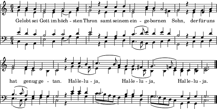 
<< <<
\new Staff { \clef treble \time 6/4 \partial 4*3 \key c \major \set Staff.midiInstrument = "church organ" \set Score.tempoHideNote = ##t \override Score.BarNumber #'transparent = ##t
  \relative c''
  << { c4 b a | g2 g4 a2 b4 | c2 r4
  c4 c d | g,2 c4 b a2 | g2 r4
  g4 e a | g2 f4 e d2 | c2 r4
  c'4 c b | c4.( b8 a4) g4 g fis | g4.( f!8 e4) |
  d c b | c2. \bar"|." } \\
  { g'4 g e | e2 e4 f( e) g | g2 r4
  e4 f f | e2 a4 g2 fis4 | g2 r4
  e4 g f | e2 d4 c2 b4 | c2 r4
  g'4 g4.( f8 e4) e f d d4.( c8 b4) b c
  b c d | e2. } >>
}
\new Lyrics \lyricmode {
Ge4 -- lobt sei Gott2 im4 höch2 -- sten4 Thron2 ""4
samt4 sei -- nem ein2 -- ge4 -- bor -- nen2 Sohn, ""4
der4 für uns hat2 ge4 -- nug ge2 -- tan. ""4
Hal4 -- le -- lu -- ja,2.
Hal4 -- le -- lu -- ja,2.
Hal4 -- le -- lu -- ja.2.
}
\new Staff { \clef bass \key c \major \set Staff.midiInstrument = "church organ"
  \relative c'
  << { e4 d c | b2 c4 c2 d4 | e2 r4
  g,4 a b | c4.( d8 e4) d e d | b2 r4
  g4 g d' | b4.( c8 a4) g a g | g2 r4
  e'4 e d | c2. b4 b a | g2.
  g4 e g | g2. } \\
  { c,4 g a | e'2 c4 f( a) g | c2 r4
  c,4 f d | c4.( b8 a4) b c d | g,2 r4
  c4 c d | e4.( c8 d4) e f g | c,2 r4
  c'4 c g | c8( b a g f4) g g d | g8( f e d c4)
  g a g | c2. } >>
}
>> >>
\layout { indent = #0 }
\midi { \tempo 4 = 120 }
