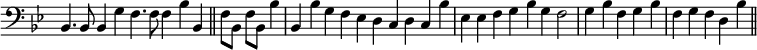 { \override Score.TimeSignature #'stencil = ##f \key bes \major \clef bass \cadenzaOn bes,4. bes,8 bes,4 g f4. f8 f4 bes bes, \bar "||" f8[ bes,] f[ bes,] bes4 \bar "|" bes, bes g f ees d c d c bes \bar "|" ees ees f g bes g f2 \bar "|" g4 bes f g bes \bar "|" f g f d bes \bar "||" }