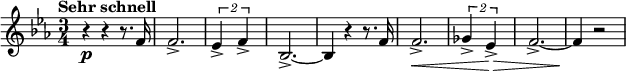 
{\ new PianoStaff << \ new Staff \ relative f '{\ set Staff.midiInstrument = # "валторна" \ key es \ major \ clef treble \ time 3/4 \ set Score.tempoHideNote = ## t \ tempo " Sehr schnell "4 = 195 r4 \ p r4 r8.  f16 |  % 2 f2.  -> |  % 3 \ times 3/2 {es4 -> f4 ->} |  % 4 бес, 2.  ~ -> |  % 5 bes4 r4 r8.  f'16 |  % 6 f2.  \ <-> |  % 7 \ times 3/2 {ges4 -> es4 \!  \> ->} |  % 8 f2.  ~ -> |  % 9 f4 \!  r2} >>}
