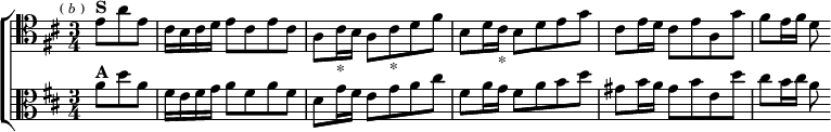  \new ChoirStaff << \override Score.BarNumber #'break-visibility = #'#(#f #f #f)
  \new Staff \relative e' { \clef tenor \key b \minor \time 3/4 \partial 4. \mark \markup \tiny { (\italic "b") }
    e8^\markup \bold "S" a e | cis16 b cis d e8 cis e cis |
    a cis16_"*" b a8 cis_"*" d fis | b, d16 cis_"*" b8 d e g |
    cis, e16 d cis8 e a, g' | fis e16 fis d8 }
  \new Staff \relative a' { \clef alto \key b \minor
    a8^\markup \bold "A" d a | fis16 e fis g a8 fis a fis |
    d g16 fis e8 g a cis | fis, a16 g fis8 a b d |
    gis, b16 a gis8 b e, d' | cis b16 cis a8 } >> 