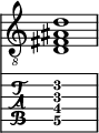  
<<
  %\override Score.BarLine.break-visibility = ##(#f #t #t)
  \time 1/1
    \new Staff  {
    \clef "treble_8"
        \once \override Staff.TimeSignature #'stencil = ##f
        < d fis ais d' >1
    }

     \new TabStaff {
       \override Stem #'transparent = ##t
       \override Beam #'transparent = ##t 
      < d\5 fis\4 ais\3 d'\2 >1
  }
>>
