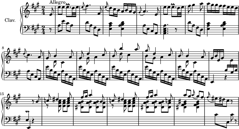 
\version "2.18.2"
\header {
  tagline = ##f
  % composer = "Domenico Scarlatti"
  % opus = "K. 181"
  % meter = "Allegro"
}

%% les petites notes
trillEqp     = { \tag #'print { e8.\prall } \tag #'midi { fis32 e fis e~ e16 } }
trillEpDown  = { \tag #'print { e,4\prall } \tag #'midi { fis32 e fis e~ e8 } }

upper = \relative c'' {
  \clef treble 
  \key a \major
  \time 2/4
  \tempo 4 = 92
  \set Staff.midiInstrument = #"harpsichord"
  \override TupletBracket.bracket-visibility = ##f

      \partial 8
      s8*0^\markup{Allegro}
      e,8 | e'8 e \trillEqp d32 e | \appoggiatura e8 fis4. fis, 8 | \appoggiatura e'16 d8 cis16 b a b a gis | \appoggiatura gis8 a4. e8 | e'8 e \trillEqp d32 e |
      % ms. 6
      fis8 gis4 a8 | a16 gis gis fis fis e e d | \appoggiatura d8 cis4. a8 | 
      << { gis8 b4 a8 | gis8 d'4 cis8 } \\ { s8 d,8 cis4 | s8 gis'8 a4 } >>
      % ms. 11
      << { b8 b'4 a8 | gis d4 cis8 | b b4 a8 } \\ { s8 d8 cis4 | b8 gis a4 | s8 d,8 cis4 } >> | gis'16 b e, gis \stemUp \change Staff = "lower" b, \stemDown \change Staff = "upper"  e \stemUp \change Staff = "lower"  gis, b \trillEpDown \change Staff = "upper"  r8 \repeat unfold 2 { b''8
      % ms. 16
      c8 \stemUp dis4 e8 | fis16 gis a4 } c,8 | a'8 gis \appoggiatura a16 gis8 fis | \stemNeutral
      % ms. 21
      \appoggiatura fis16 eis16 dis cis8 r8 s8 % gis8 | r8 

}

lower = \relative c' {
  \clef bass
  \key a \major
  \time 2/4
  \set Staff.midiInstrument = #"harpsichord"
  \override TupletBracket.bracket-visibility = ##f

    % ************************************** \appoggiatura a16  \repeat unfold 2 {  } \times 2/3 { }   \omit TupletNumber 
      r8 | a8 e' cis a | d8 a fis d | < e a cis >4 < e a b d > | a8 e cis a | < a cis e a >4. r8 |
      % ms. 6
      d'8 a fis d | < e a cis >4 < e a b d > | a8 e cis a | \repeat unfold 5 { e''16 b gis e a e cis a } |
      % ms. 14
      \repeat unfold 2 { \shiftOn e4 r4 } | \stemDown \change Staff = "upper" 
      % ms. 16
      \repeat unfold 2 { r8 < e'' a c >8 q q | < dis a' b > q q < dis a' > } | < dis fis gis bis >4 q | \stemDown \change Staff = "lower" 
      % ms. 21
      cis8 cis, cis'8 r8

}

thePianoStaff = \new PianoStaff <<
    \set PianoStaff.instrumentName = #"Clav."
    \new Staff = "upper" \upper
    \new Staff = "lower" \lower
  >>

\score {
  \keepWithTag #'print \thePianoStaff
  \layout {
      #(layout-set-staff-size 17)
    \context {
      \Score
     \override SpacingSpanner.common-shortest-duration = #(ly:make-moment 1/2)
      \remove "Metronome_mark_engraver"
    }
  }
}

\score {
  \keepWithTag #'midi \thePianoStaff
  \midi { }
}
