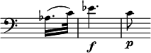 
\language "italiano"
melody = \relative do' {
  \clef bass
  \key do \major
  \time 3/8
  \override Staff.TimeSignature.transparent = ##t
    \partial 8 lab16.( do32) | mib4.\f | do8\p 
}
\score {
  <<
    \new Voice = "mel"
    {  \melody }
  >>
  \layout {
    \context { \Staff \RemoveEmptyStaves }
    indent = 0.5\cm
    \override Score.BarNumber #'stencil = ##f
    line-width = #120
    \set fontSize = #-1
  }
}
\header { tagline = ##f}