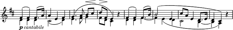 
\relative c' \new Staff \with { \remove "Time_signature_engraver" } {
 \key d \major \time 3/4 \set Score.tempoHideNote = ##t \tempo "" 4=60
 \mergeDifferentlyDottedOn
 <<
  {
   fis4-.( fis-.) fis8.( a16) a4 e fis g4.( a8 b^\<[ cis] d^\> fis,\! e4) b'\rest
   fis4-.( fis-.) fis8.( b16) b2( e,4 cis'8 a e4 d8. e16 d4 cis) b'\rest
  }
 \\
  {
   d,4_\markup { \dynamic p \italic cantabile } d d cis2( d4) e4. fis8 g4 fis8 d cis4 s4
   d d fis~ fis e( d cis2 b4~ b a)
  }
 >>
}
