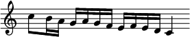 { \override Score.TimeSignature #'stencil = ##f \time 5/4
 \relative c'' { c8 b16 a g a g f e f e d c4 } }