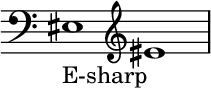 { \new Staff \with{ \magnifyStaff #3/2 } << \time 2/1 \override Score.TimeSignature #'stencil = ##f { \clef bass eis1_E-sharp \clef treble eis'} >> }