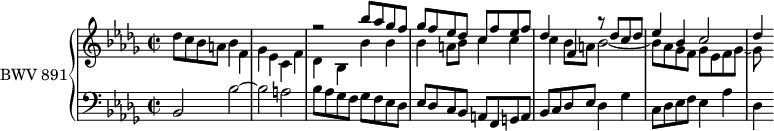 
\version "2.18.2"
\header {
  tagline = ##f
}

upper = \relative c'' {
  \clef treble 
  \key bes \minor
  \time 2/2
  \tempo 2 = 56 % tempo de Keller
  \set Staff.midiInstrument = #"harpsichord" 

   %% PRÉLUDE CBT II-22, BWV 891, si-bémol mineur
   << { s1*2 r2 bes'8 aes ges f ges f ees des c f ees f | des4 f, r8 des'8 c des | ees4 bes c2 des4 } \\ { des8 c bes a bes4 f ges ees c f des bes bes' bes bes a8 bes c4 c | c bes8 a bes2~ bes8 aes ges f ges ees f ges~ ges } >>
}

lower = \relative c' {
  \clef bass 
  \key bes \minor
  \time 2/2
  \set Staff.midiInstrument = #"harpsichord" 
    
    bes,2 bes'~ bes a | bes8 aes ges f ges f ees des | ees des c bes a f g a | bes c des ees des4 ges | c,8 des ees f ees4 aes | des,
    
} 

\score {
  \new PianoStaff <<
    \set PianoStaff.instrumentName = #"BWV 891"
    \new Staff = "upper" \upper
    \new Staff = "lower" \lower
  >>
  \layout {
    \context {
      \Score
      \remove "Metronome_mark_engraver"
      \override SpacingSpanner.common-shortest-duration = #(ly:make-moment 1/2)
    }
  }
  \midi { }
}
