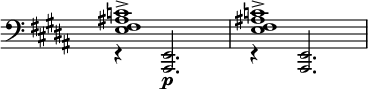 
\language "italiano"
melody = \relative do' {
  \override Staff.TimeSignature.color = #white
  \override Staff.TimeSignature.layer = #-1
  \clef bass
  \key si \major
  << { <do lad! fad mi>1-> | <do lad! fad mi>->  } \\ { \stemUp r4 <mi,, lad,>2._\p | r4 <mi lad,>2. } >> | 
}
\score {
  <<
    \new Voice = "mel" { \autoBeamOff \melody }
  >>
  \layout {
    \context { \Staff 
               \RemoveEmptyStaves 
             }
    \context { \Score
               \override SpacingSpanner.base-shortest-duration = #(ly:make-moment 1/64)
    }
    indent = 0\cm
    \override Score.BarNumber #'stencil = ##f
  }
  \midi { }
}
\header { tagline = ##f}
