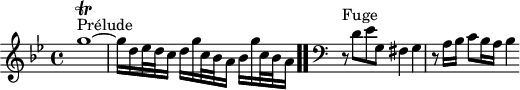 
\version "2.18.2"
\header {
  tagline = ##f
}

\score {
  \new Staff \with {
%fontSize = #-2
  }
<<
  \relative c'' {
    \key g \minor
    \time 4/4
	\set Staff.midiInstrument = #"harpsichord" 

     %% INCIPIT CBT I-16, BWV 861, sol mineur
     s4*0^\markup{Prélude} g'1~\trill g16 d ees32 d c16 d g c,32 bes a16 bes16 g' c,32 bes a16 
 \bar ".."
      \skip 8*1
      %\once \override Staff.Clef.full-size-change = ##t
     \override Staff.Clef.extra-offset = #'( -1 . 0 )
      \clef bass
      \partial 1
      \relative c
      r8^\markup{Fuge} d,8 ees g, fis4 g r8 a16 bes c8 bes16 a bes4
  }
>>
  \layout {
     \context { \Score \remove "Metronome_mark_engraver" 
     \override SpacingSpanner.common-shortest-duration = #(ly:make-moment 1/2) 
   }
  }
  \midi {}
}
