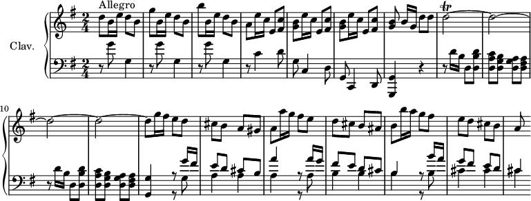 
\version "2.18.2"
\header {
 tagline = ##f
}

TrillD = { \tag #'print { d2~\trill d~ d~ d~ } \tag #'midi { \repeat unfold 30 { e32 d~ } d8~ } }

upper = \relative c'' {
 \clef treble 
 \key g \major
 \time 2/4
 \tempo 4 = 112
 \set Staff.midiInstrument = #"harpsichord"

 d8^\markup{Allegro} b16 e d8 b | g' b,16 e d8 b | b'8 b,16 e d8 b | a8 e'16 c e,8 < fis c' >8 | 
 % ms. 5
 \repeat unfold 2 { < g b >8 e'16 c e,8 < fis c' >8 } | < g b >8 b16[ g] d'8 d | \TrillD | d8 g16 fis e8 d |
 % ms. 13
 cis8 b a gis | a a'16 g fis8 e | d cis b ais | b8 b'16 a g8 fis | e d cis b | a

}

lower = \relative c' {
 \clef bass
 \key g \major
 \time 2/4
 \set Staff.midiInstrument = #"harpsichord"

 % **************************************
 \repeat unfold 3 { r8 g'8 g,4 } | r8 c4 d8 | g,8 c,4 d8 | g, c,4 d8 | < g, g' >4 r4 | 
 % ms. 8
 \repeat unfold 2 { r8 d'''16[ b] d,8 < d b' d >8 | < d a' c > < d g b > < d g a > < d fis a > } | < g, g' >4 << { r8 g''16 fis e8 d cis b | a'4 r8 a16 g fis8 e d cis | b4 | r8 b'16 a | g8 fis e d | cis4 } \\ { r8 g8 | a4 a | a r8 a8 | b4 b | b r8 b8 | cis4 cis | cis } >>
} 

thePianoStaff = \new PianoStaff <<
 \set PianoStaff.instrumentName = #"Clav."
 \new Staff = "upper" \upper
 \new Staff = "lower" \lower
 >>

\score {
 \keepWithTag #'print \thePianoStaff
 \layout {
 #(layout-set-staff-size 17)
 \context {
 \Score
 \override SpacingSpanner.common-shortest-duration = #(ly:make-moment 1/2)
 \remove "Metronome_mark_engraver"
 }
 }
}

\score {
 \keepWithTag #'midi \thePianoStaff
 \midi { }
}
