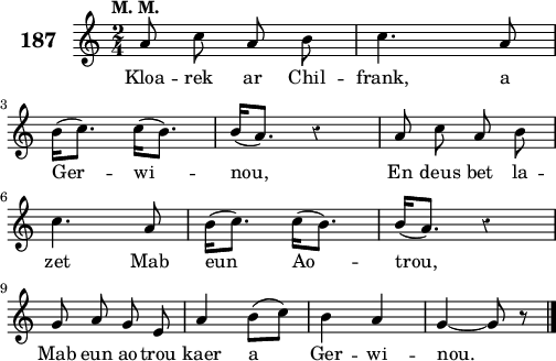 
\score {
 \new Staff {
  \set Staff.instrumentName = \markup {\huge \bold 187}
  \relative c'{
    \clef treble
    \tempo \markup {"M. M."}
    \autoBeamOff
    \override Rest #'style = #'classical
    \key c \major
    \time 2/4
    a'8 c a b | c4. a8 | \break
    b16([ c8.]) c16([ b8.]) | b16([ a8.]) r4 | a8 c a b | \break
    c4. a8 | b16([ c8.]) c16([ b8.]) | b16([ a8.]) r4 | \break
    g8 a g e | a4 b8([ c]) | b4 a | g4 ~ g8 r \bar "|."
  }
  \addlyrics{
    Kloa -- rek ar Chil -- frank, a
    Ger -- wi -- nou, En deus bet la --
    zet Mab eun Ao -- trou,
    Mab eun ao -- trou kaer a Ger -- wi -- nou.
  }
 }
 \layout { line-width = #125 }
 \midi { }
}
\header { tagline = ##f }
