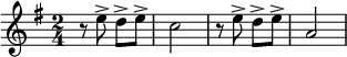 \relative c'' { \clef treble \key g \major  \time 2/4  \autoBeamOff r8 e8-> d8-> [e8->] |c2 |r8 e8-> d8-> [e8->] | a,2 } 