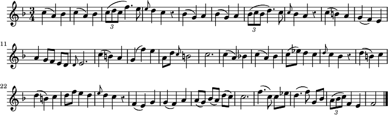 
\relative c'' {
  \override Rest #'style = #'classical
  \key f \major
  \time 3/4
  c( a) bes
  c( a) bes
  \times 2/3 { c8( d c } f4.) e8
  \grace e d4 c r
  bes( g) a
  bes( g) a
  \times 2/3 { bes8( c bes } d4.) c8

  \grace c bes4 a r
  c( b) a
  g( f) e
  a g8[ f] e d
  \grace d e2.
  c'4( b) a
  g( f') e
  a,8 d \grace c b2

  c2.
  c4( a) bes!
  c( a) bes
  c8( ees) d4 c
  \grace d8 c4 bes r
  d( b) c
  d( b) c
  d8 f e4 d
  \grace e8 d4 c r

  f,4( e) g
  g( f) a
  a8( g) bes[( a]) d( c)
  c2.
  f4.( c8) c[ ees]
  d4.( f8) g,[ bes]
  \times 2/3 { a( bes c) } f,4 e
  f2
  \bar "|."
}
